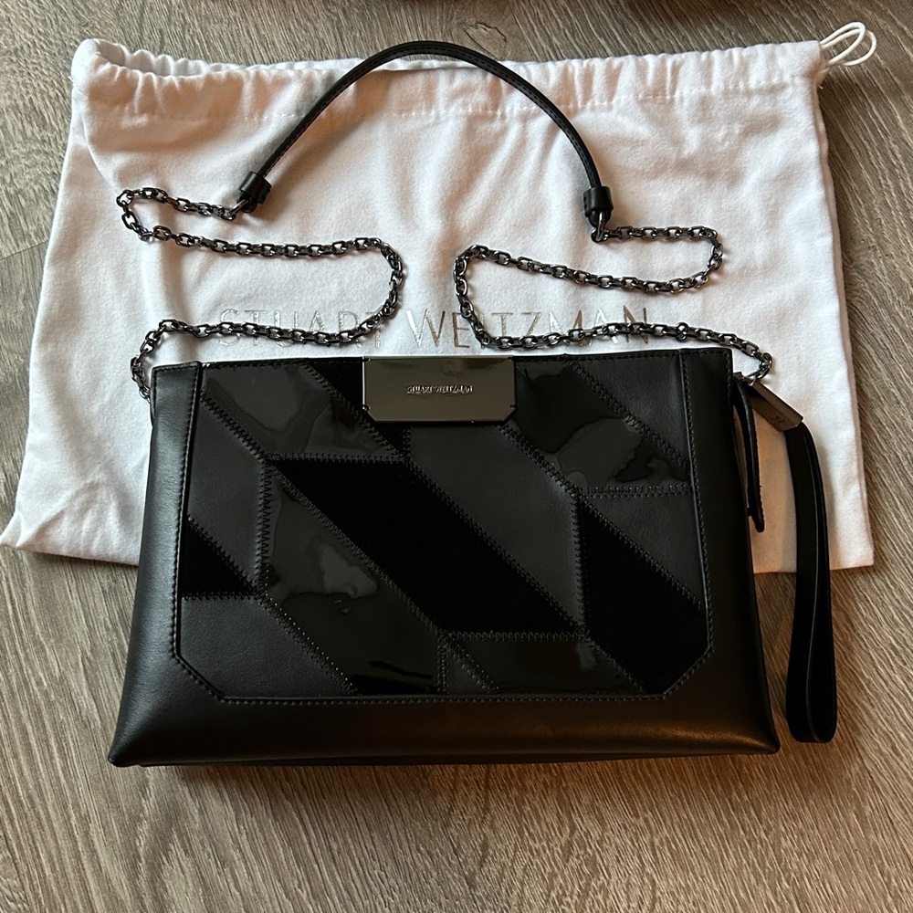 Stuart Weitzman Black leather velvet,metallic accents removable chain, clutch